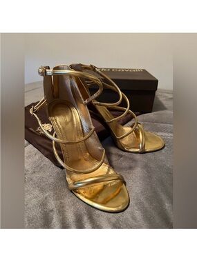 Roberto Cavalli vintage Gold Mirror Leather Strappy Heels Sandals Sz 38/8